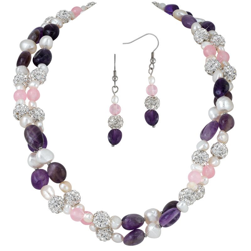 Majestät - Perlen Amethyst Kristall Collier und Ohrhänger Set